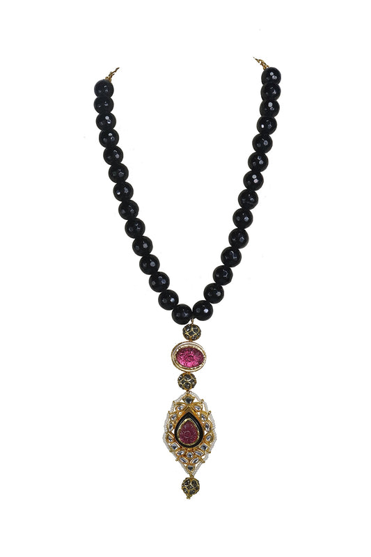 Gold Finish Kundan Polki & Pink Jadtar Stone Long Necklace