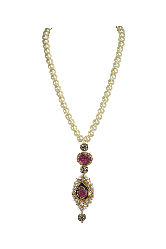 Gold Finish Kundan Polki & Pink Jadtar Stone Long Necklace