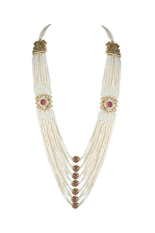 Gold Finish Kundan Polki & Red Jadtar Stone Long Necklace