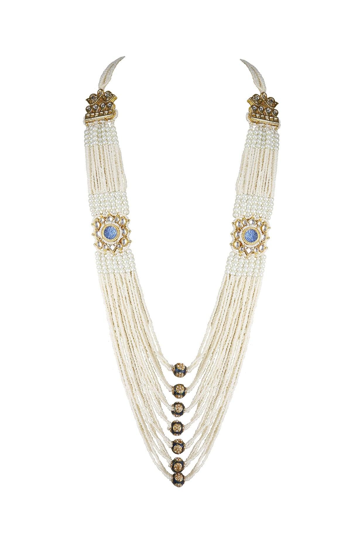 Gold Finish Kundan Polki & Blue Jadtar Stone Long Necklace