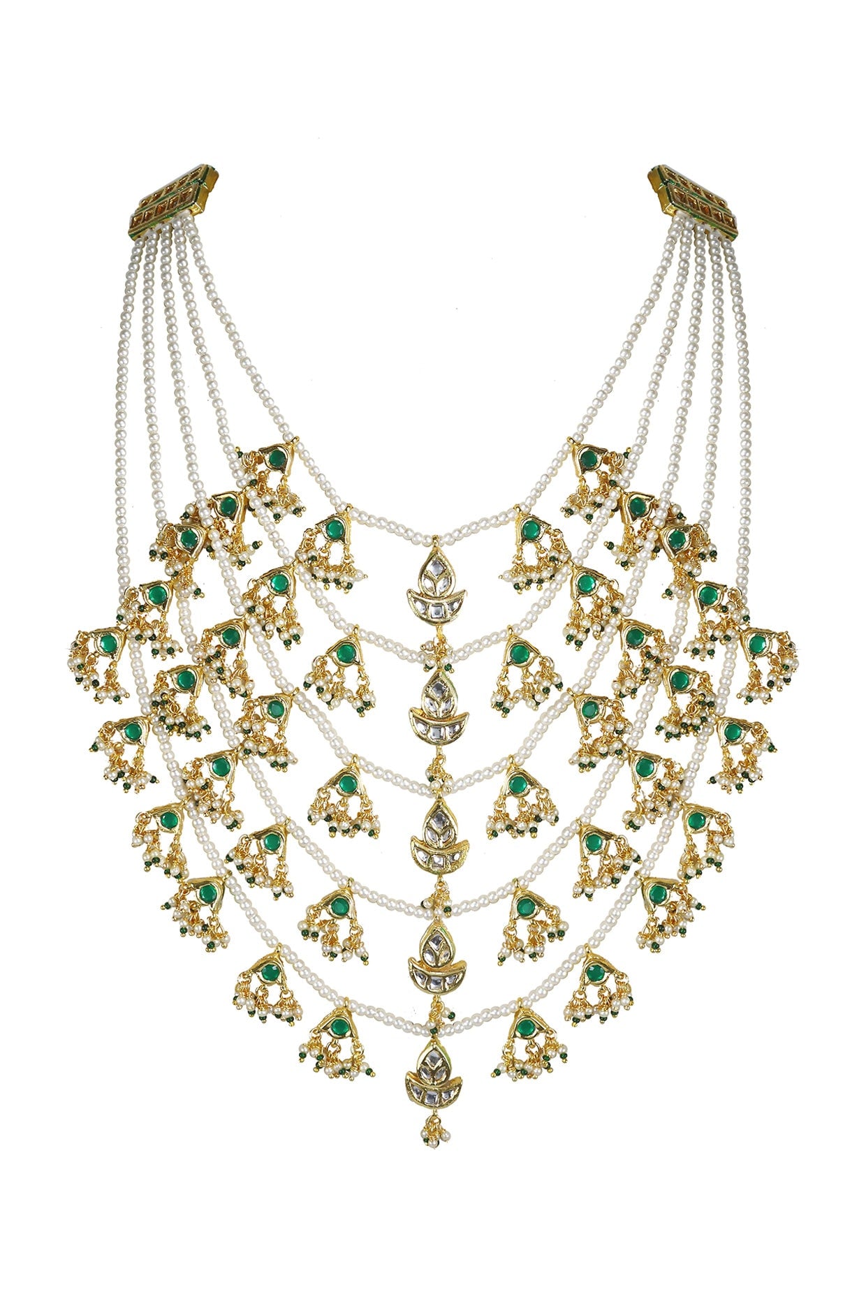 Gold Finish Kundan Polki & Green Jadtar Stone Long Necklace