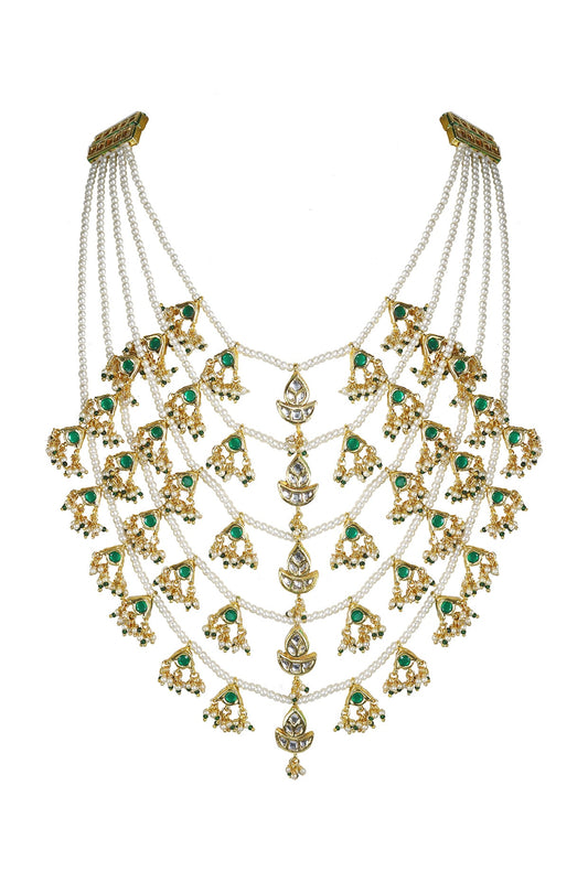 Gold Finish Kundan Polki & Green Jadtar Stone Long Necklace