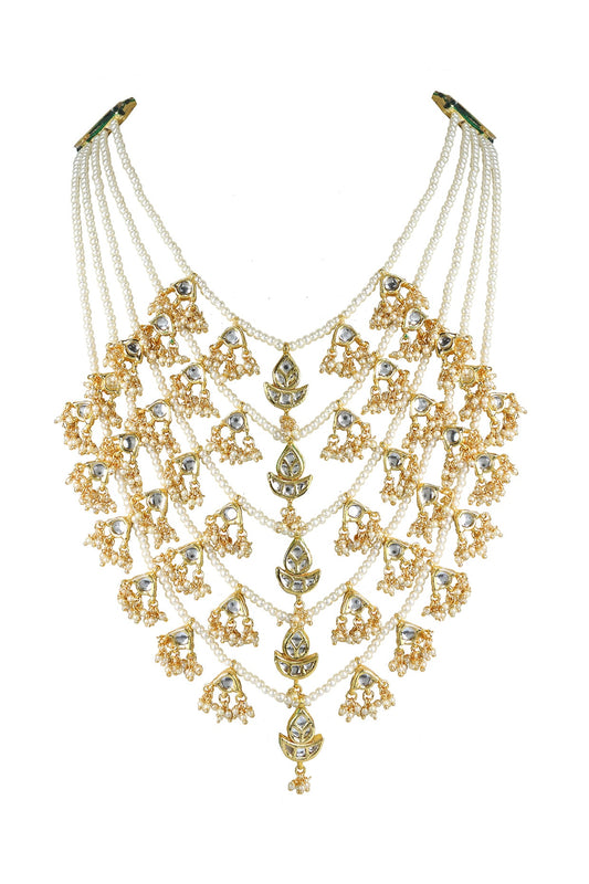 Gold Finish Kundan Polki & White Jadtar Stone Long Necklace