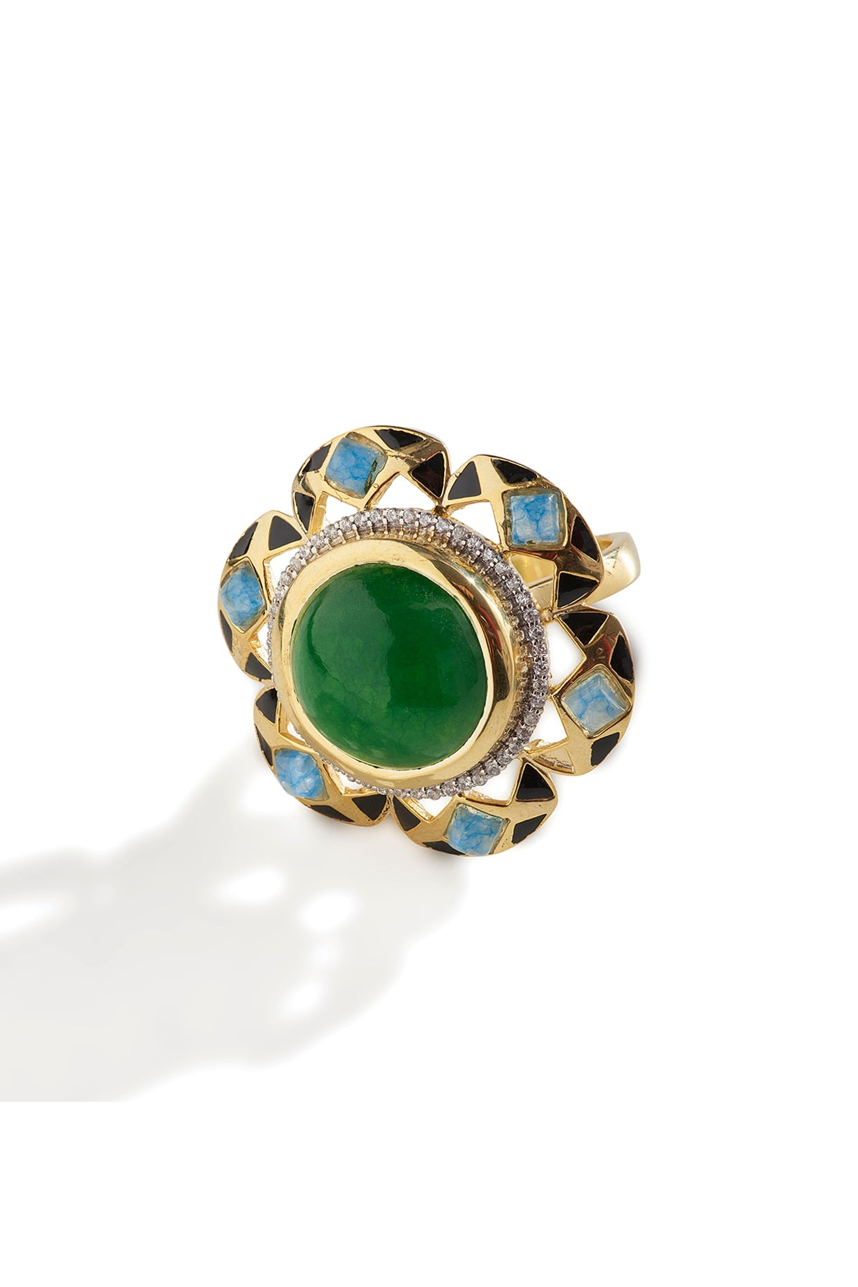 Gold Finish Green & Blue Gemstone Ring In Sterling Silver