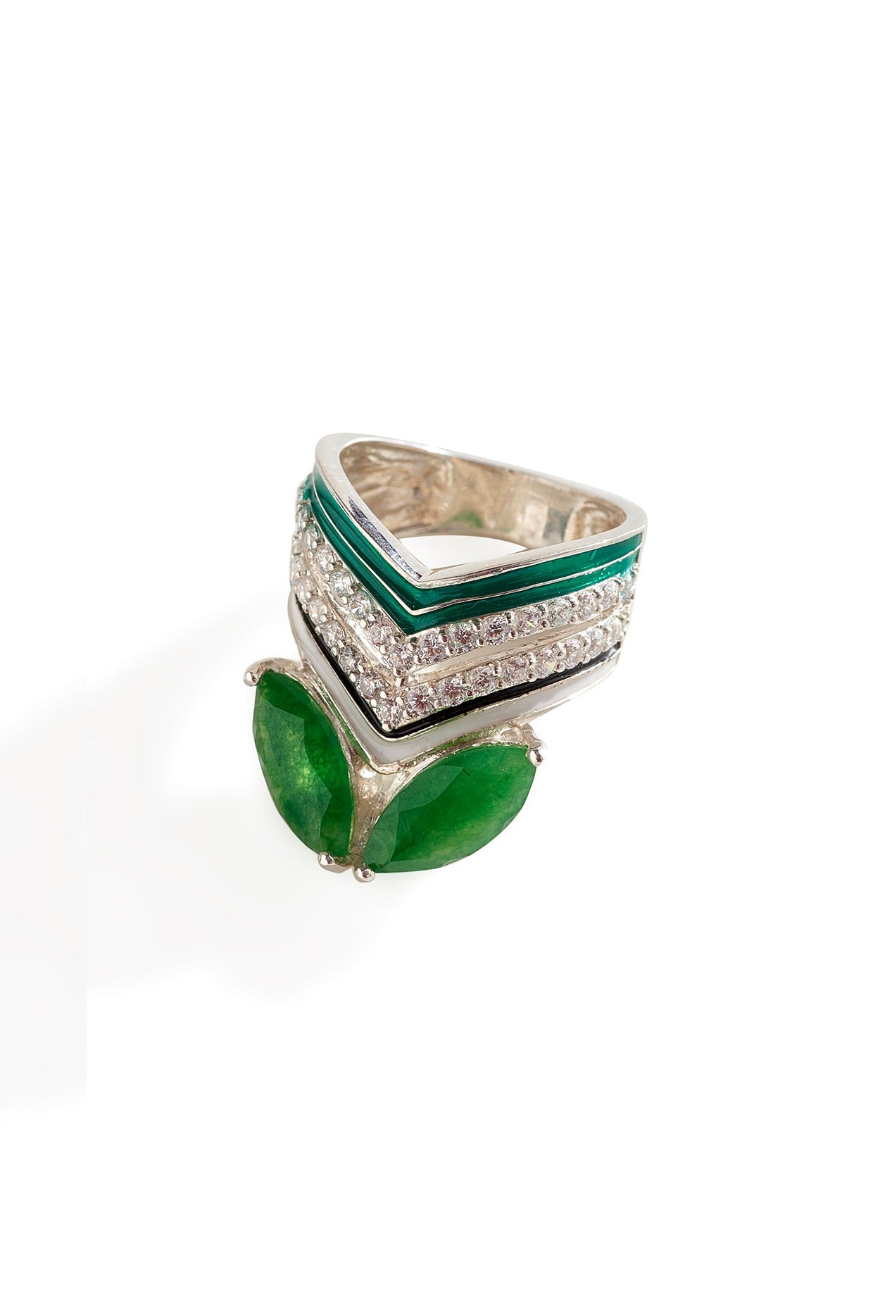 White Finish Zircon & Green Stone Enameled Ring In Sterling Silver