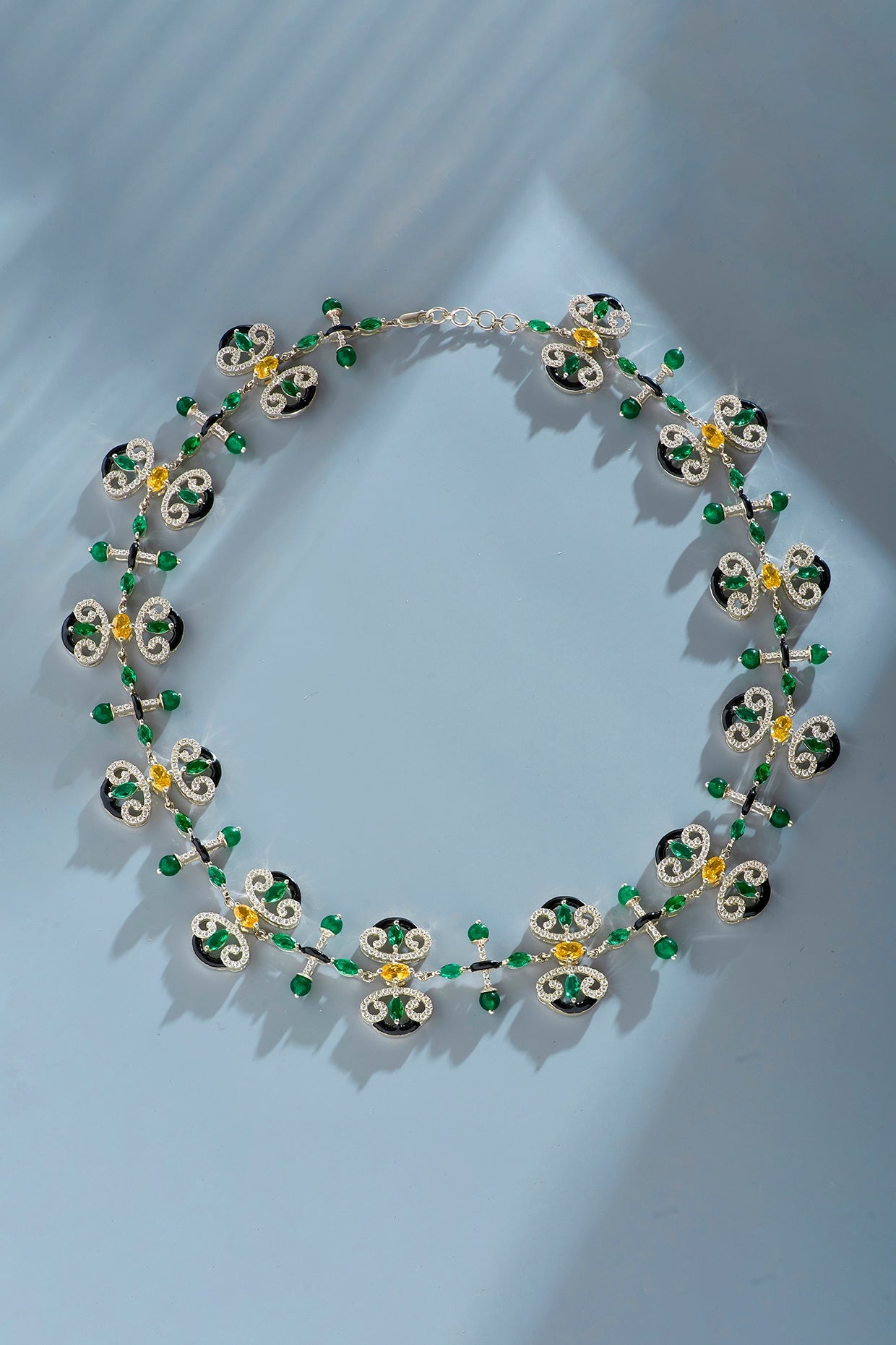 White Finish Green Stone & Zircon Necklace In Sterling Silver