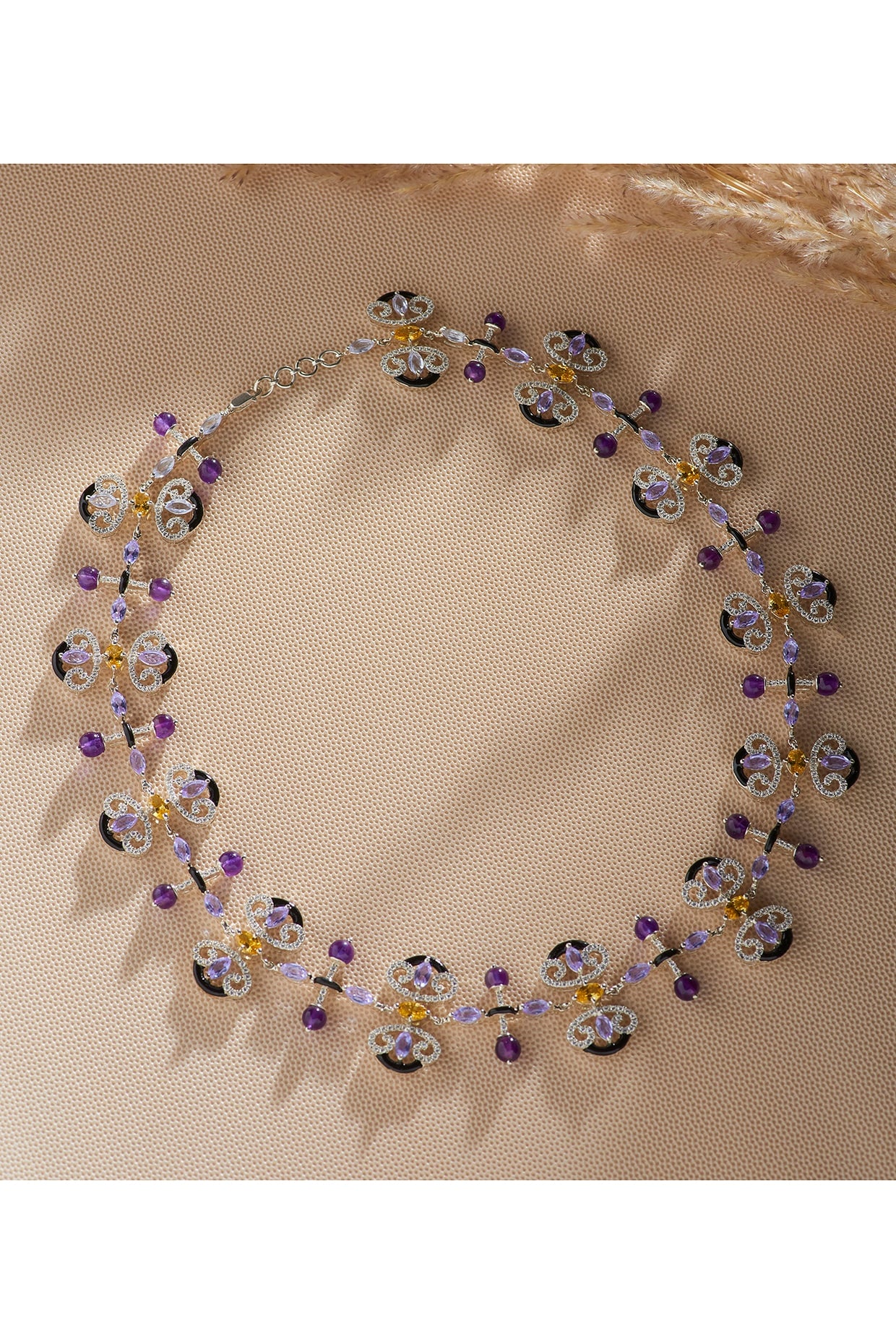 White Finish Purple Stone & Zircon Necklace In Sterling Silver