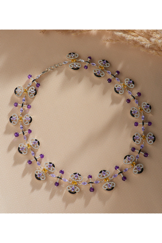 White Finish Purple Stone & Zircon Necklace In Sterling Silver