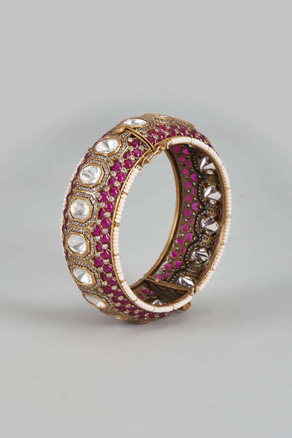 Antique Gold Finish Moissanite & Ruby Stone Bangle