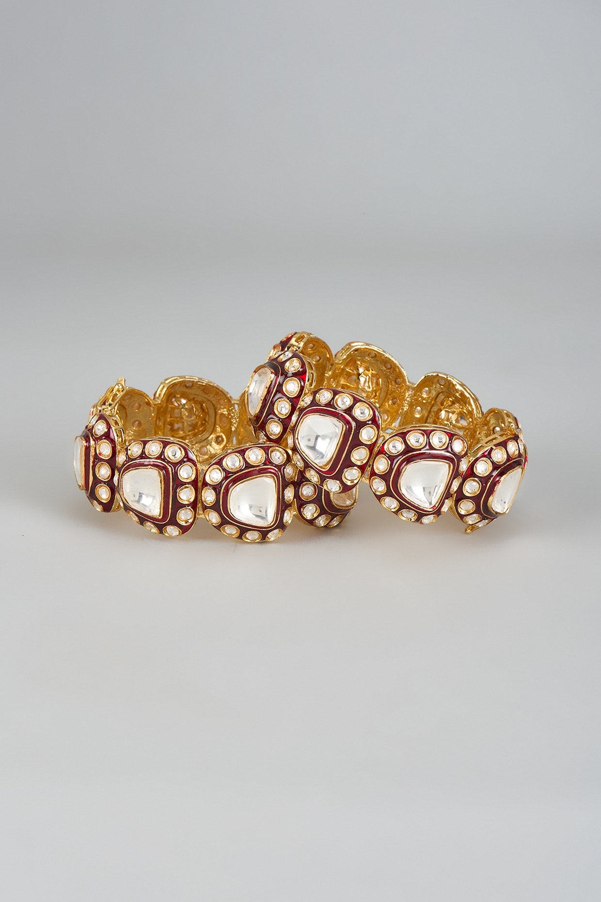 Gold Finish Paachi Kundan Polki Meenakari Bangles (Set of 2)