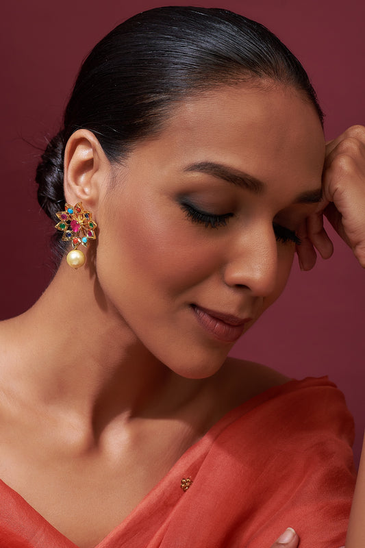 Gold Plated Multi-Colored Semi-Precious Stone & Kundan Polki Stud Earrings