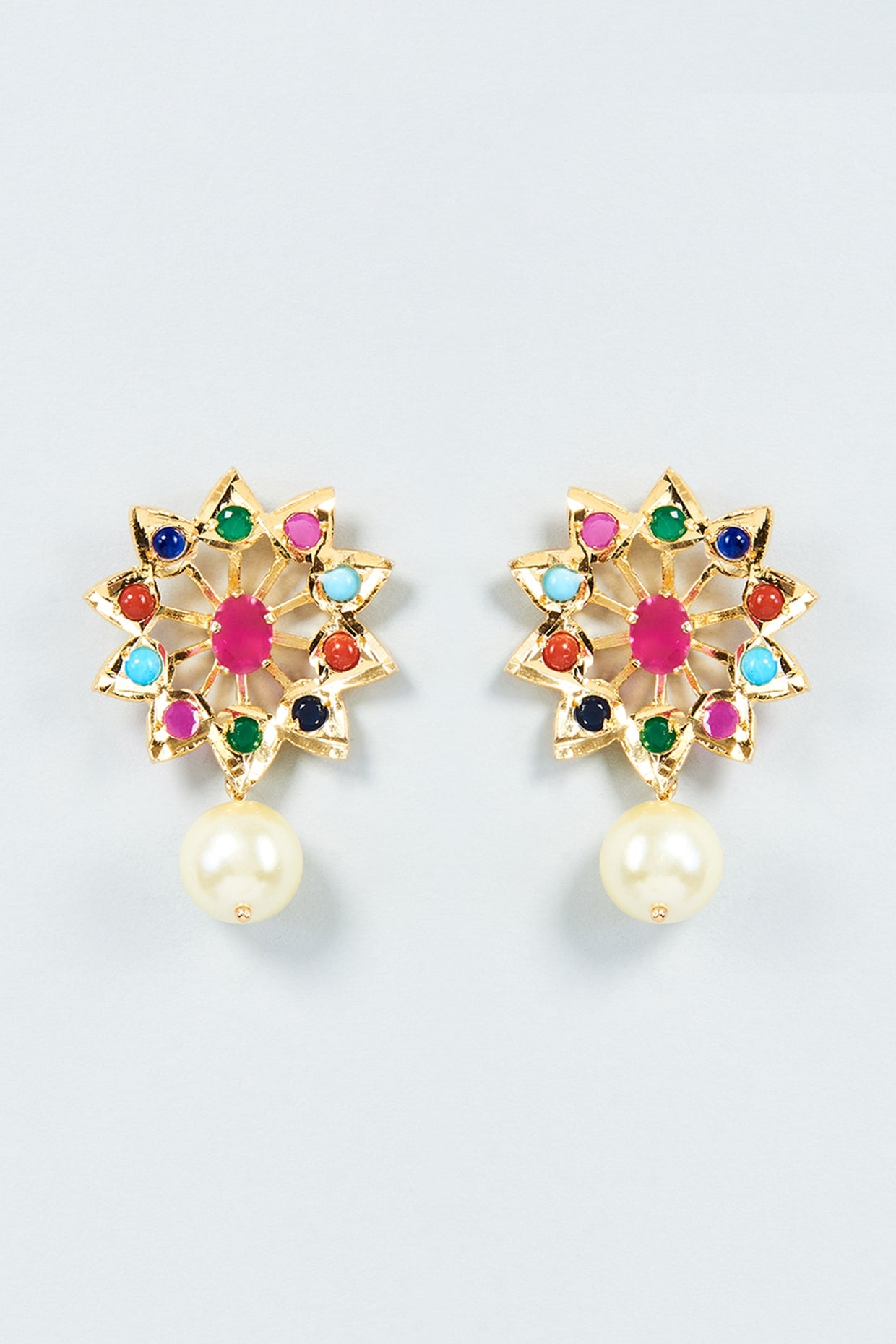 Gold Plated Multi-Colored Semi-Precious Stone & Kundan Polki Stud Earrings