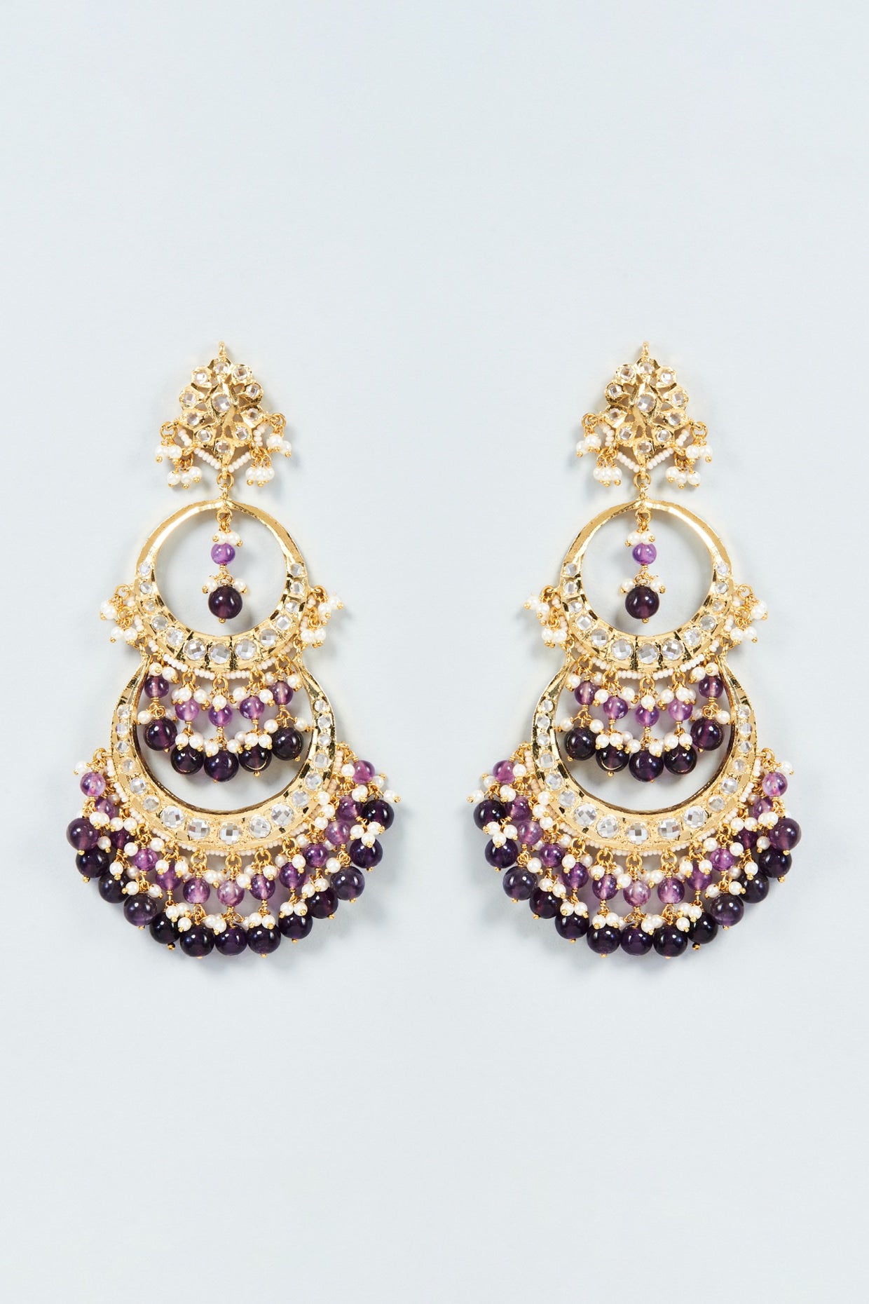 Gold Plated Purple Amethyst & Kundan Polki Chandbali Earrings