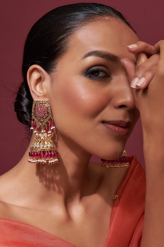 Gold Plated Red Onyx & Kundan Polki Jhumka Earrings