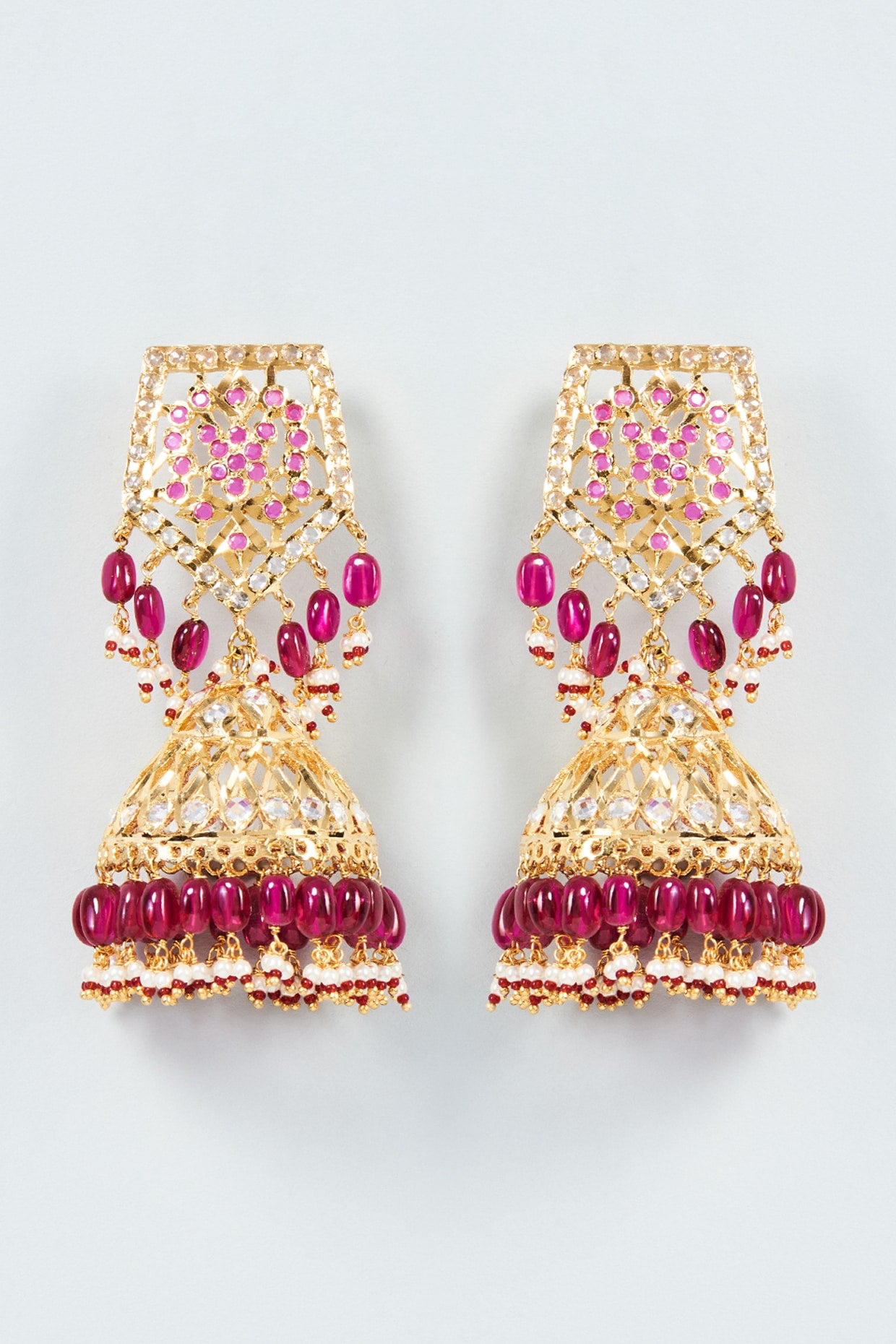 Gold Plated Red Onyx & Kundan Polki Jhumka Earrings