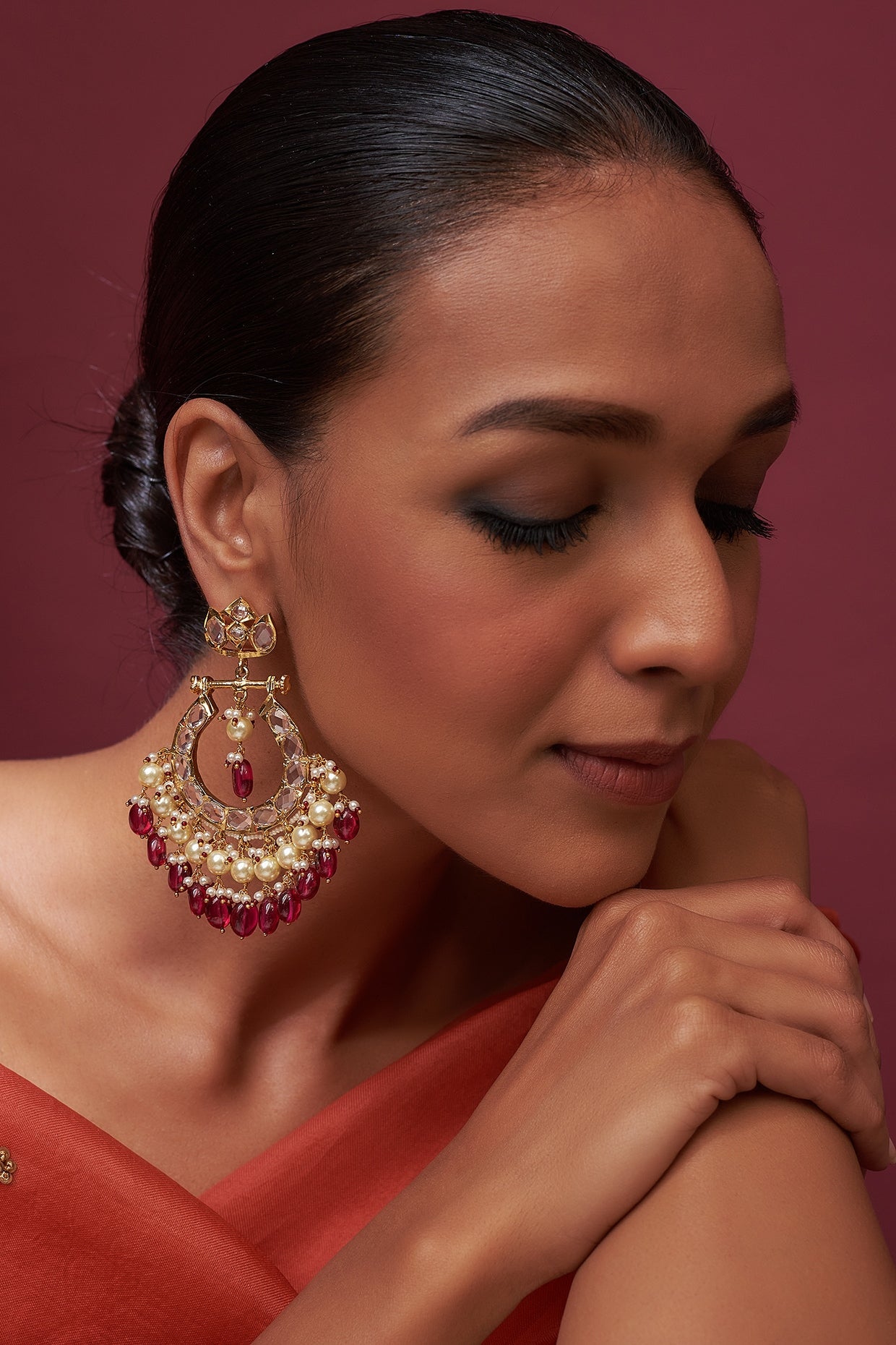 Gold Plated Red Onyx & Kundan Polki Chandbali Earrings