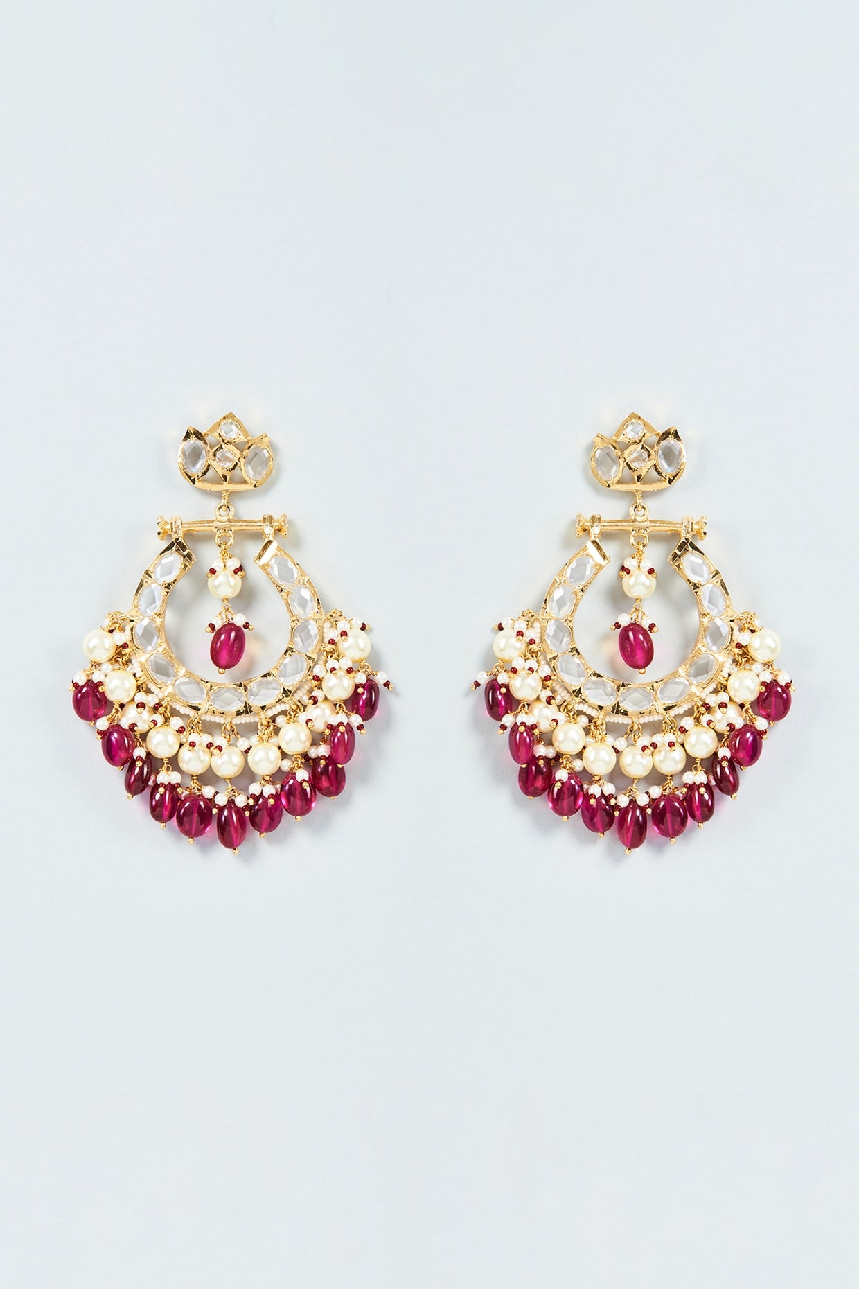 Gold Plated Red Onyx & Kundan Polki Chandbali Earrings