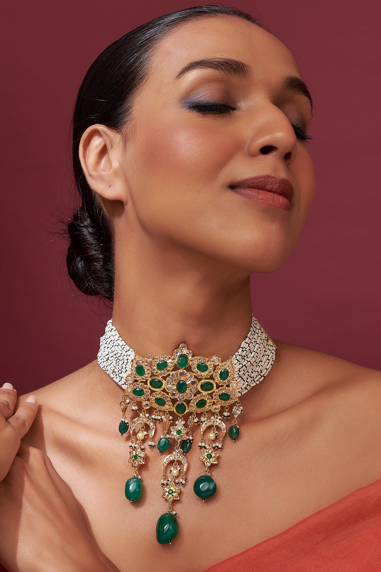 Gold Plated Green Onyx & Kundan Polki Choker Necklace