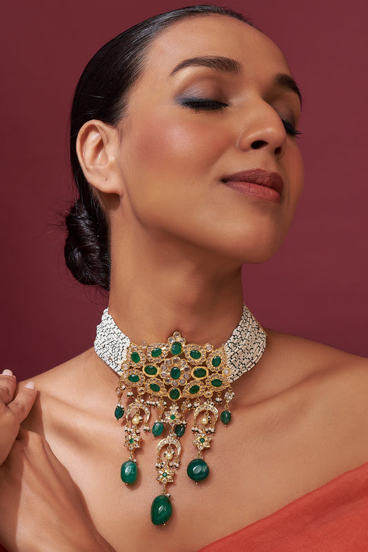 Gold Plated Green Onyx & Kundan Polki Choker Necklace