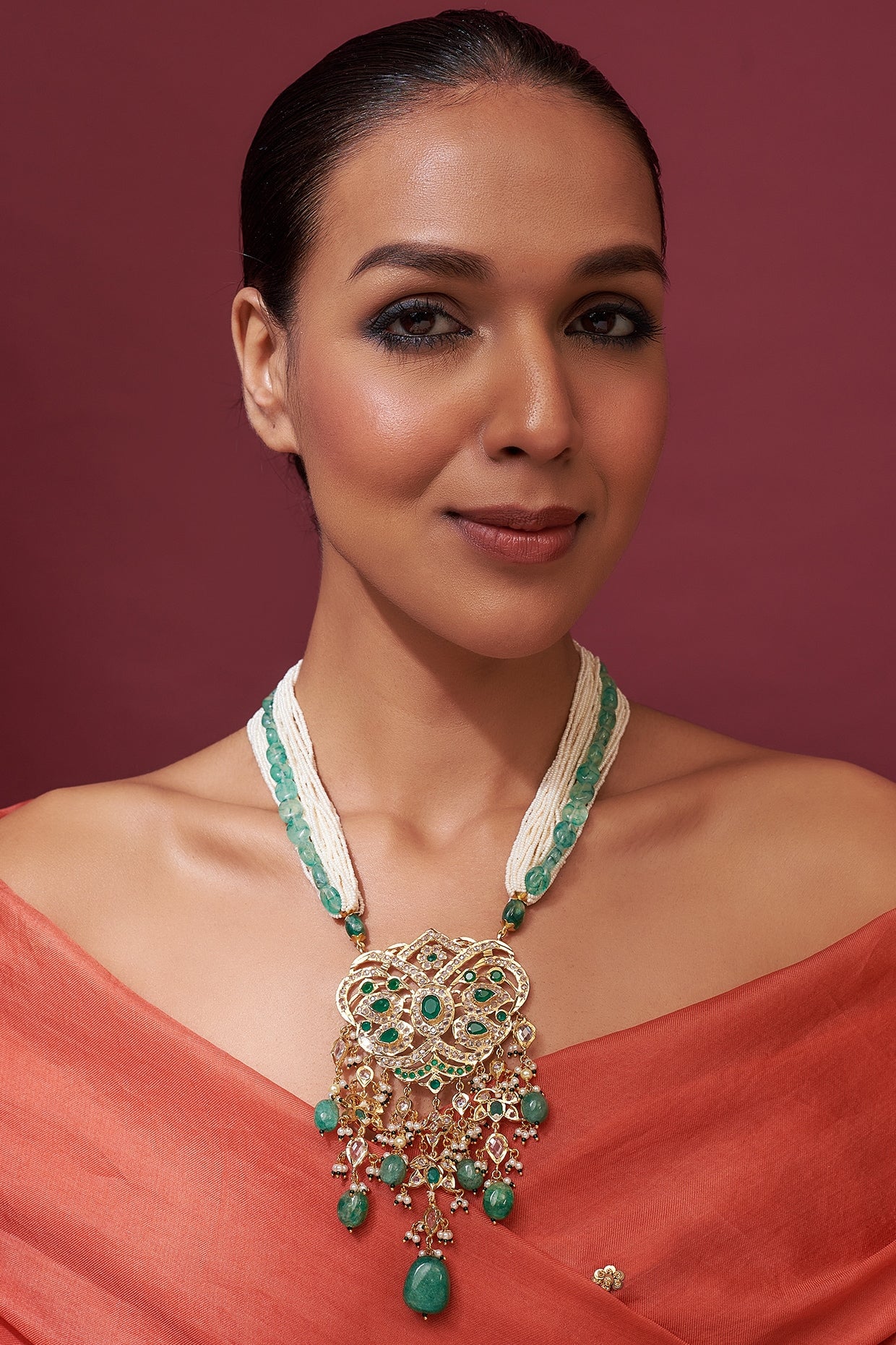 Gold Plated Green Onyx Bead & Kundan Polki Necklace