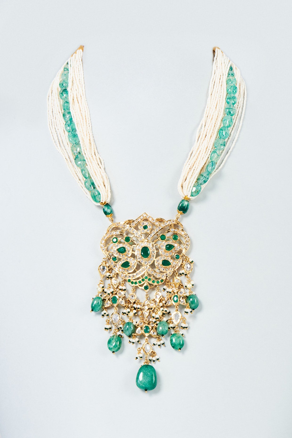 Gold Plated Green Onyx Bead & Kundan Polki Necklace