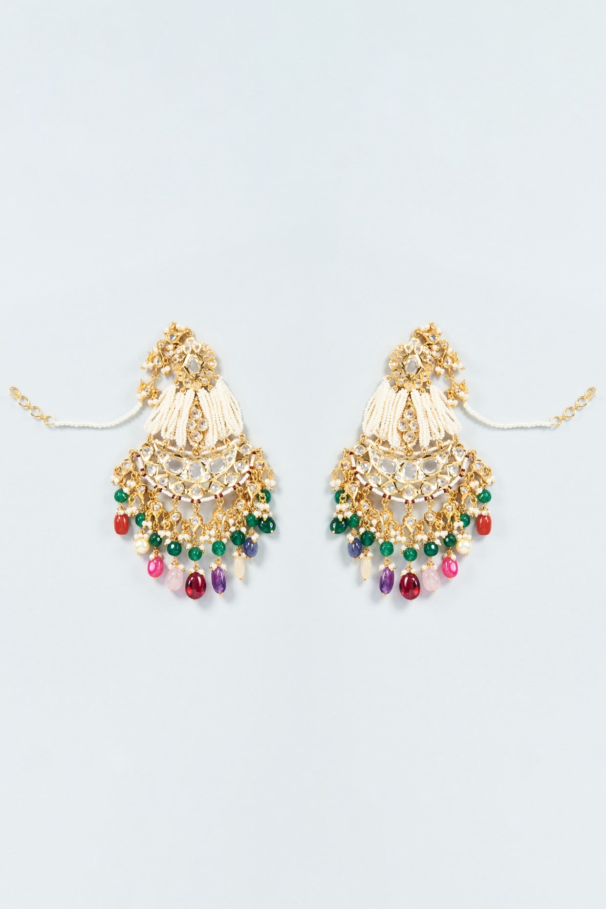 Gold Plated Navratna Stone & Kundan Polki Chandbali Earrings