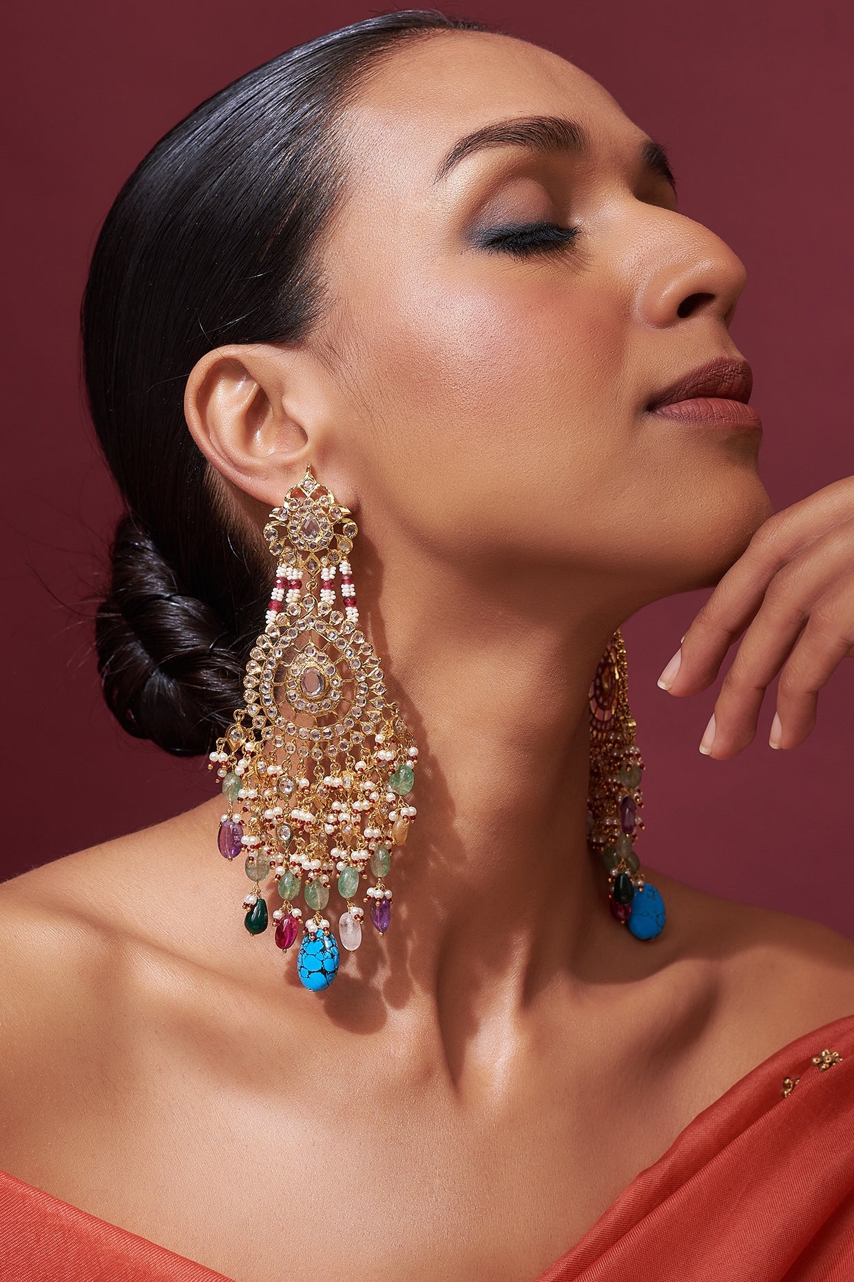 Gold Plated Navratna Stone & Kundan Polki Dangler Earrings