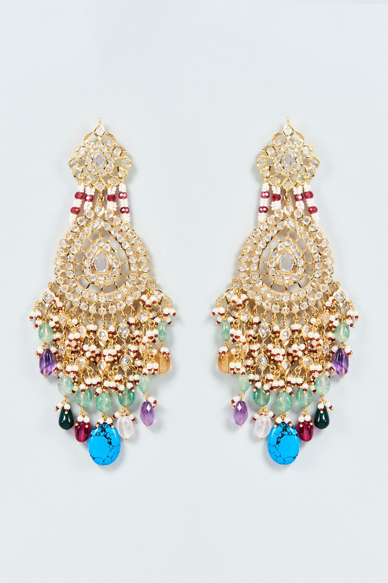 Gold Plated Navratna Stone & Kundan Polki Dangler Earrings