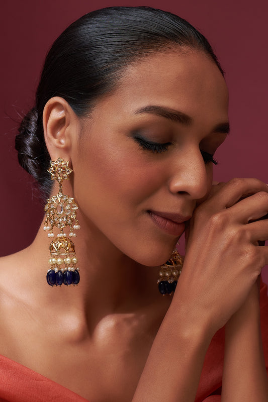 Gold Plated Blue Onyx Tumble & Kundan Polki Dangler Earrings