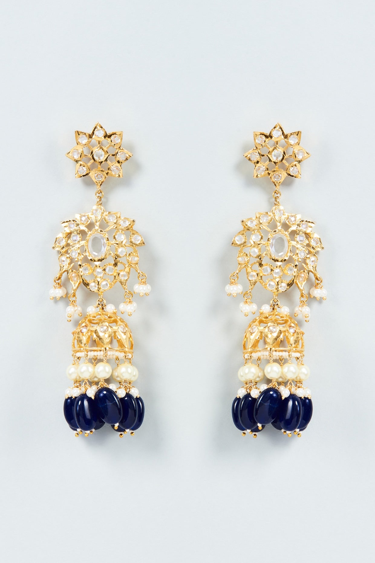 Gold Plated Blue Onyx Tumble & Kundan Polki Dangler Earrings