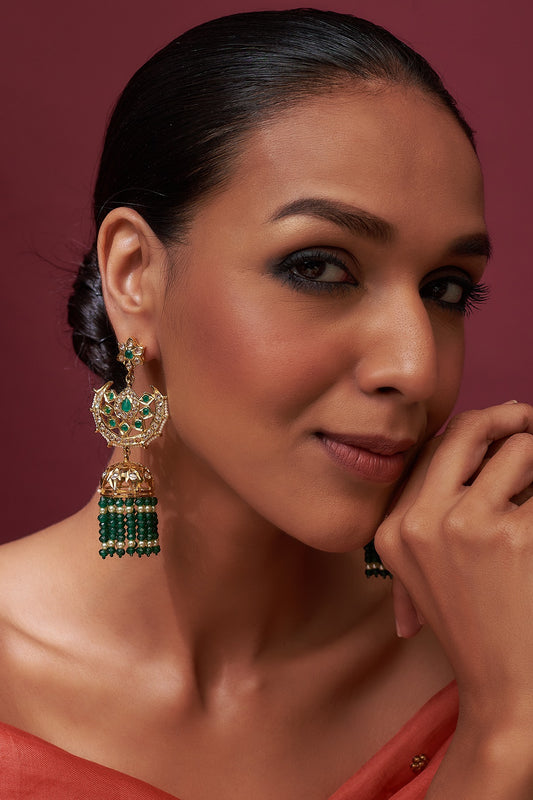 Gold Plated Green Onyx & Kundan Polki Jhumka Earrings