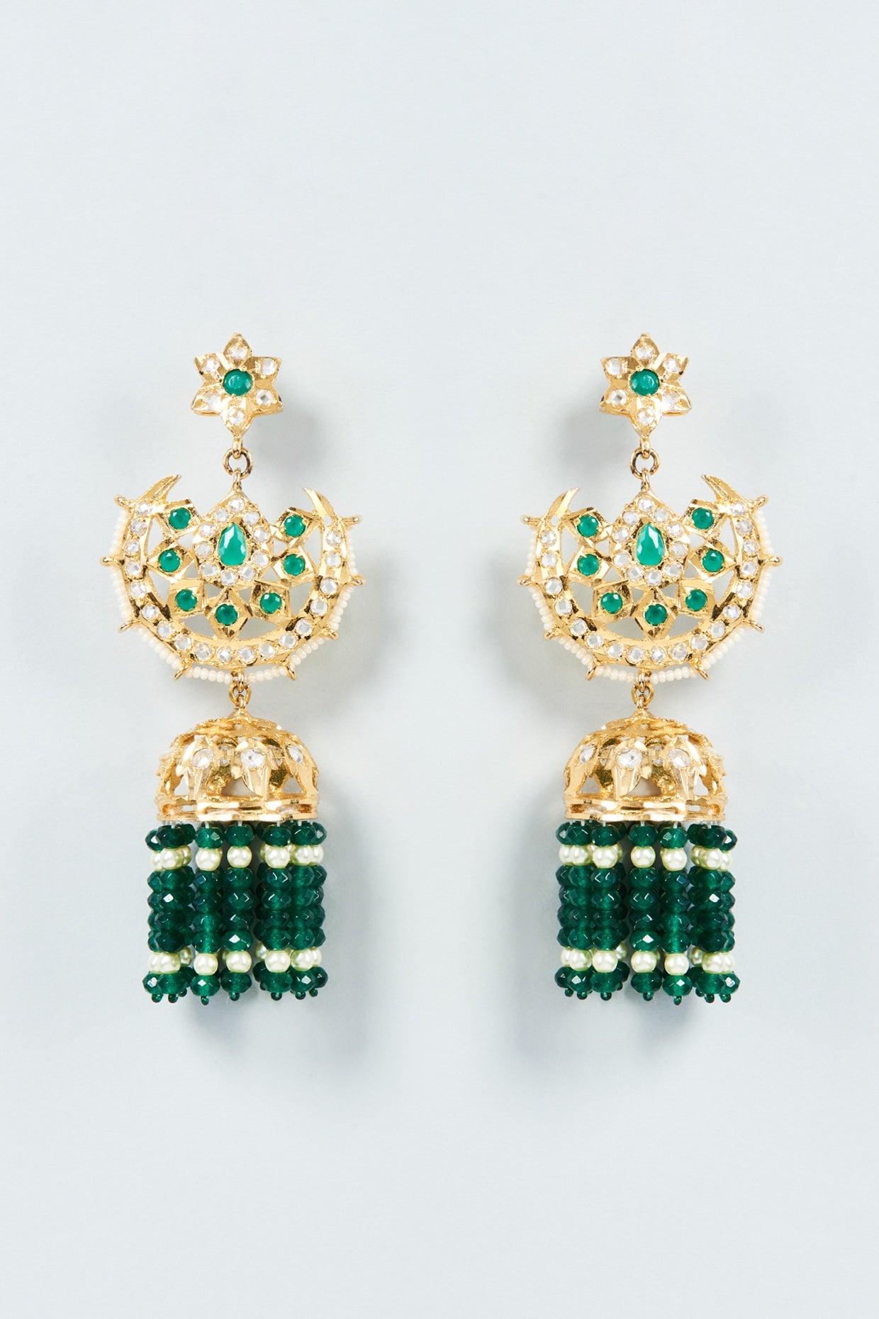 Gold Plated Green Onyx & Kundan Polki Jhumka Earrings