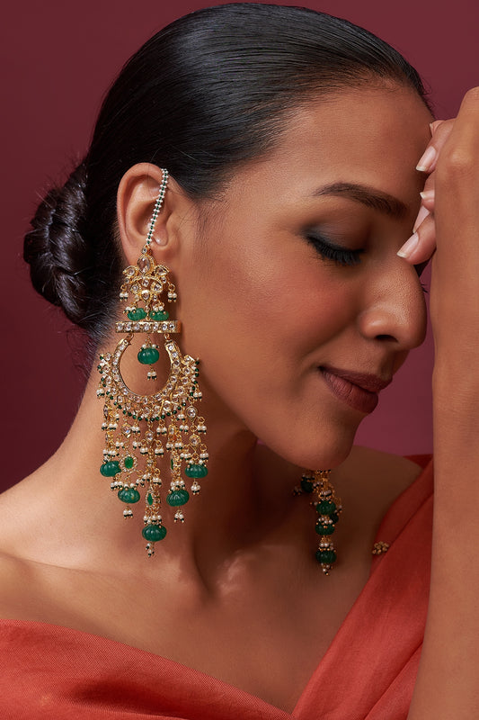 Gold Plated Green Onyx & Kundan Polki Chandbali Earrings