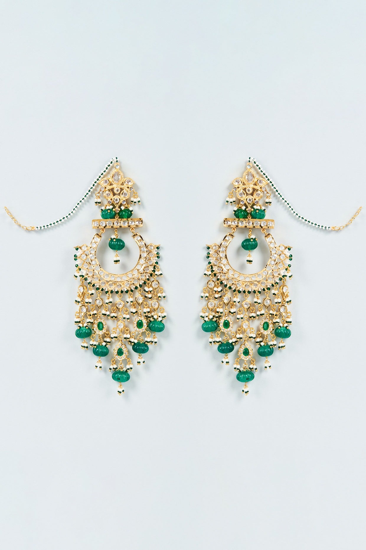 Gold Plated Green Onyx & Kundan Polki Chandbali Earrings