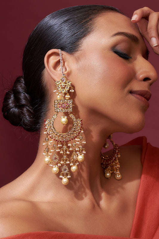 Gold Plated White Pearl & Kundan Polki Chandbali Earrings