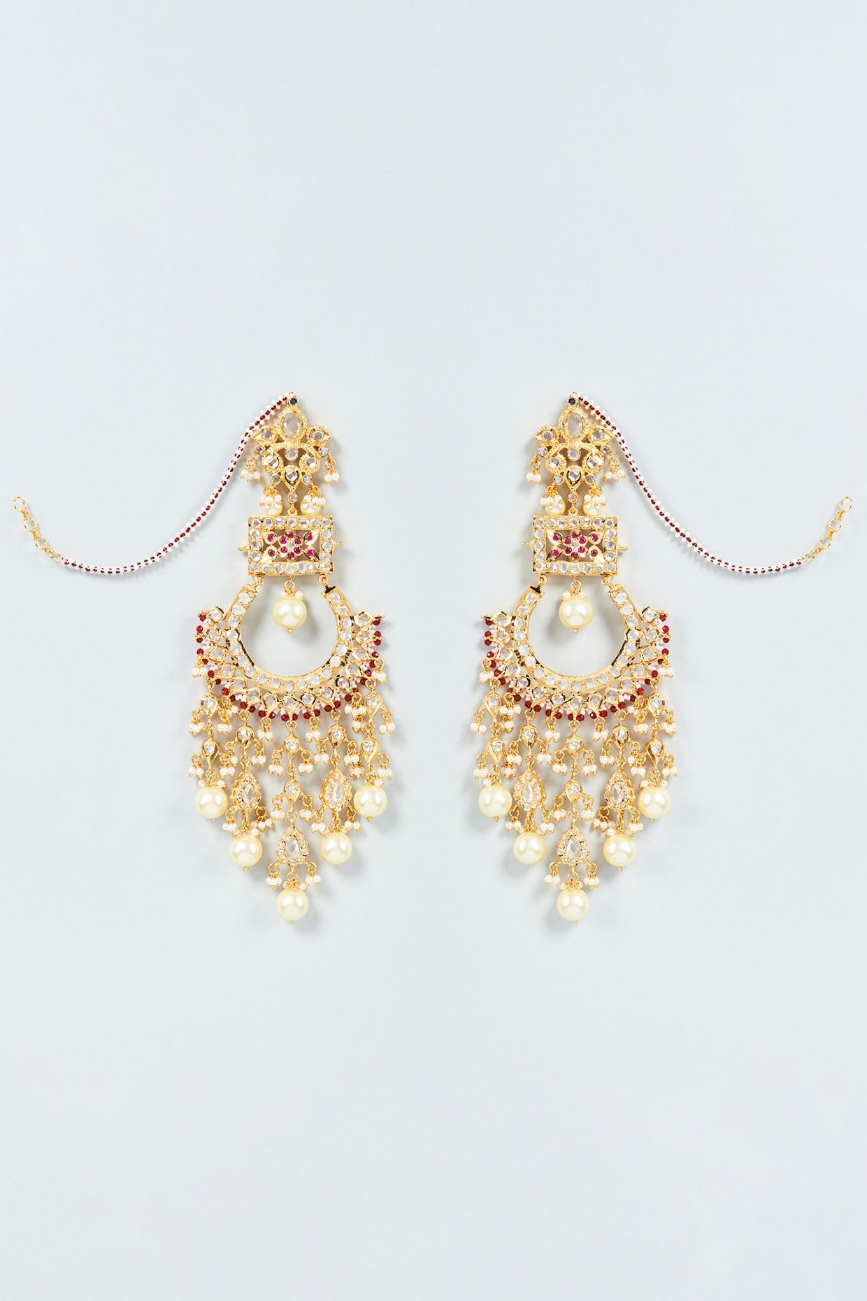 Gold Plated White Pearl & Kundan Polki Chandbali Earrings