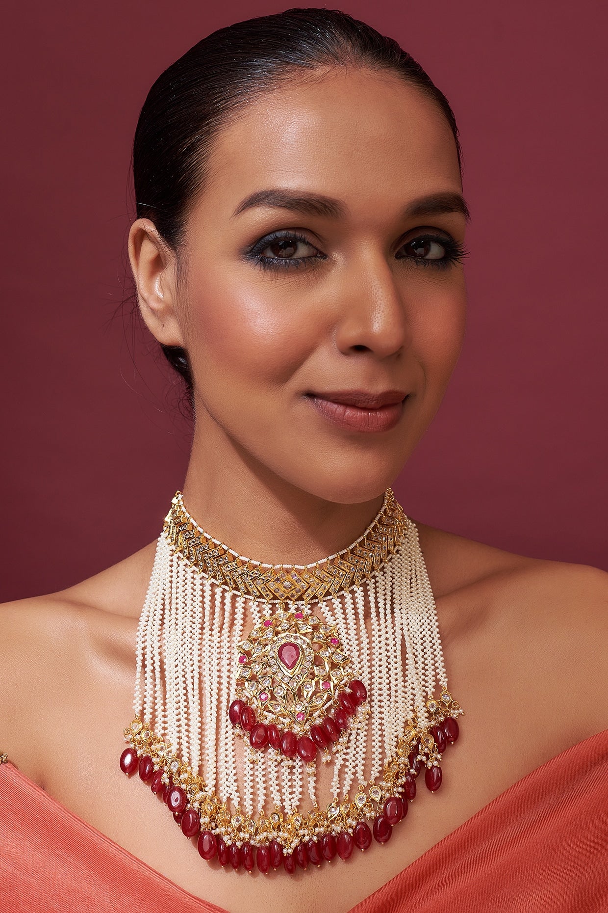 Gold Plated Red Onyx & Kundan Polki choker Necklace