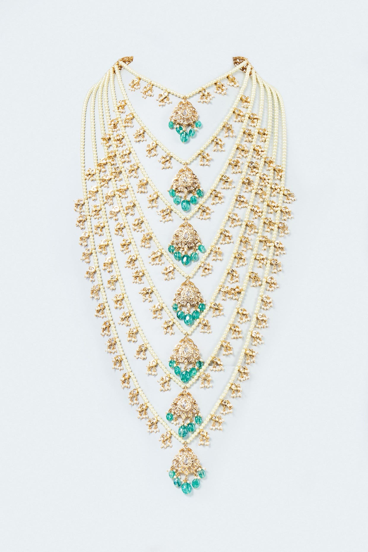 Gold Plated Green Onyx & Kundan Polki Long Layered Necklace