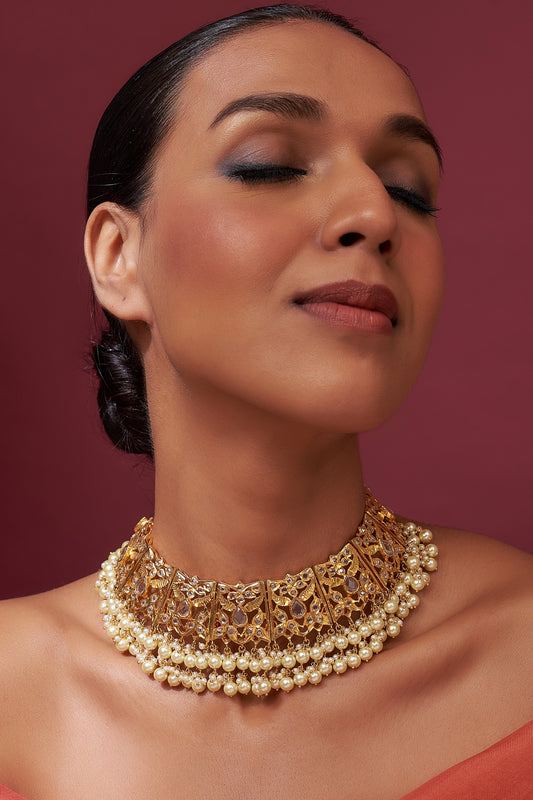 Gold Plated Cream Pearl & Kundan Polki Choker Necklace