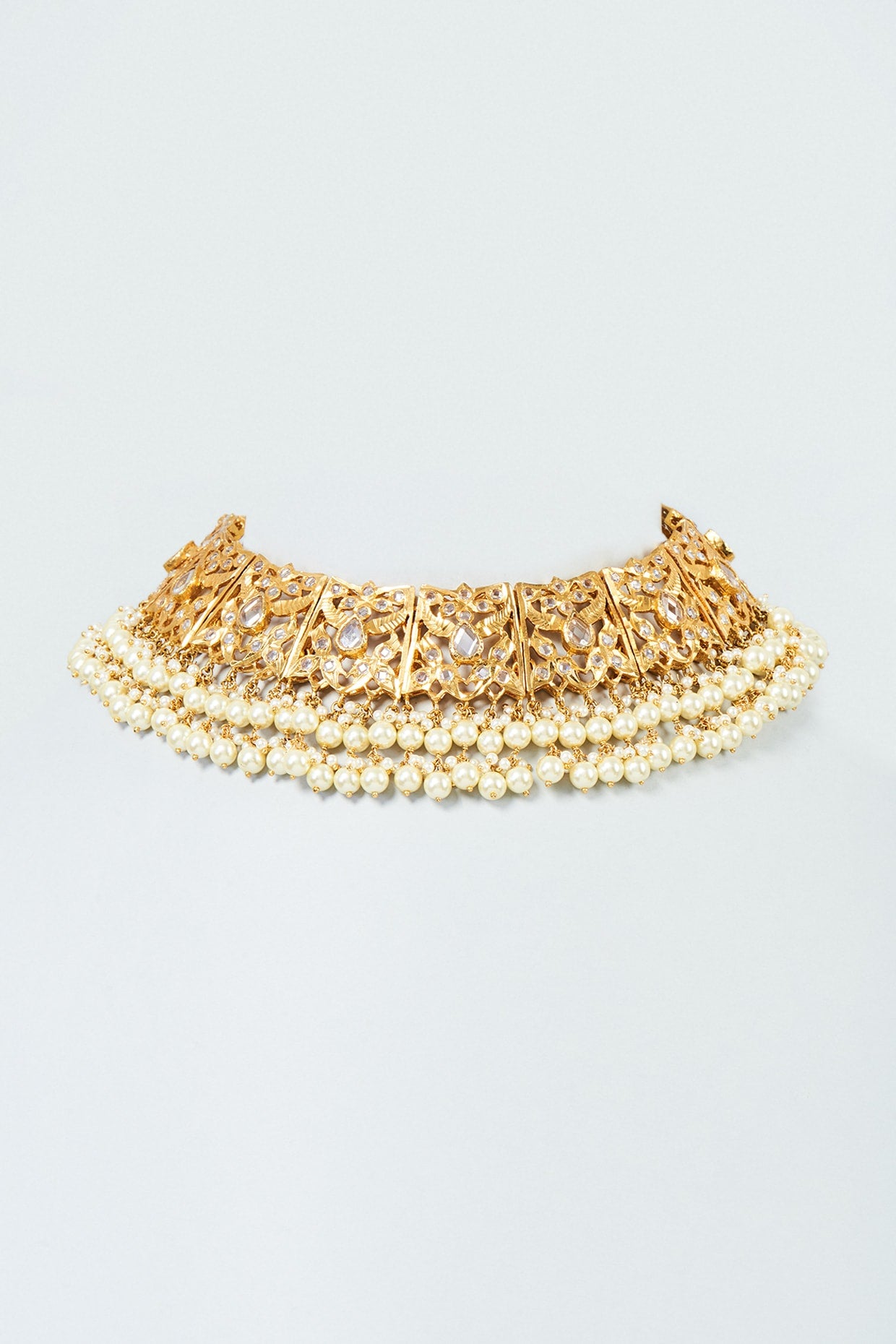 Gold Plated Cream Pearl & Kundan Polki Choker Necklace