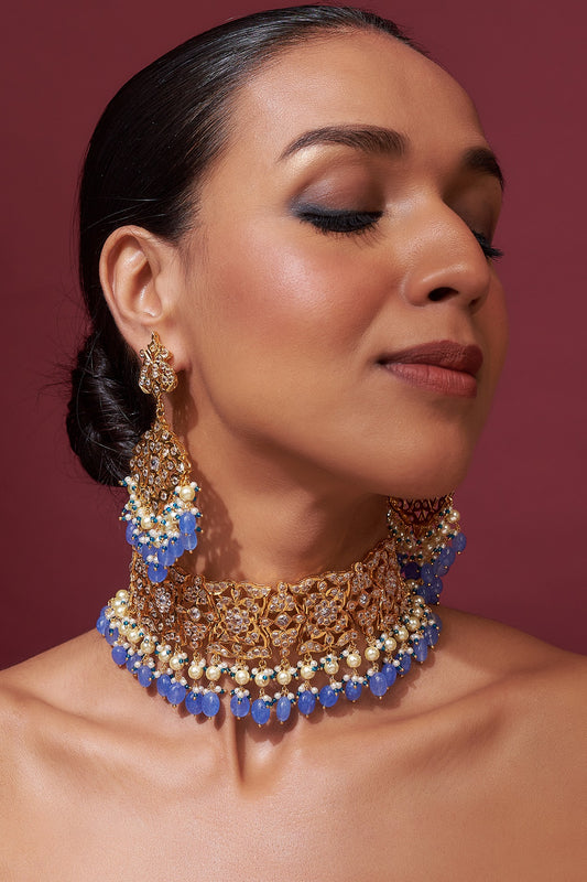 Gold Plated Blue Onyx Bead & Kundan Polki Choker Necklace Set