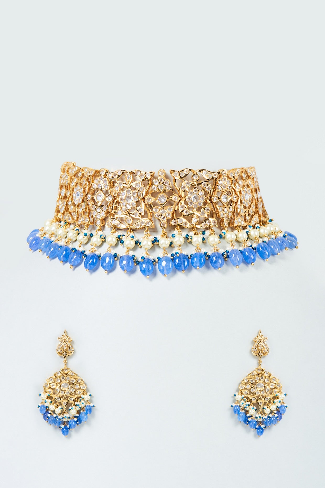 Gold Plated Blue Onyx Bead & Kundan Polki Choker Necklace Set