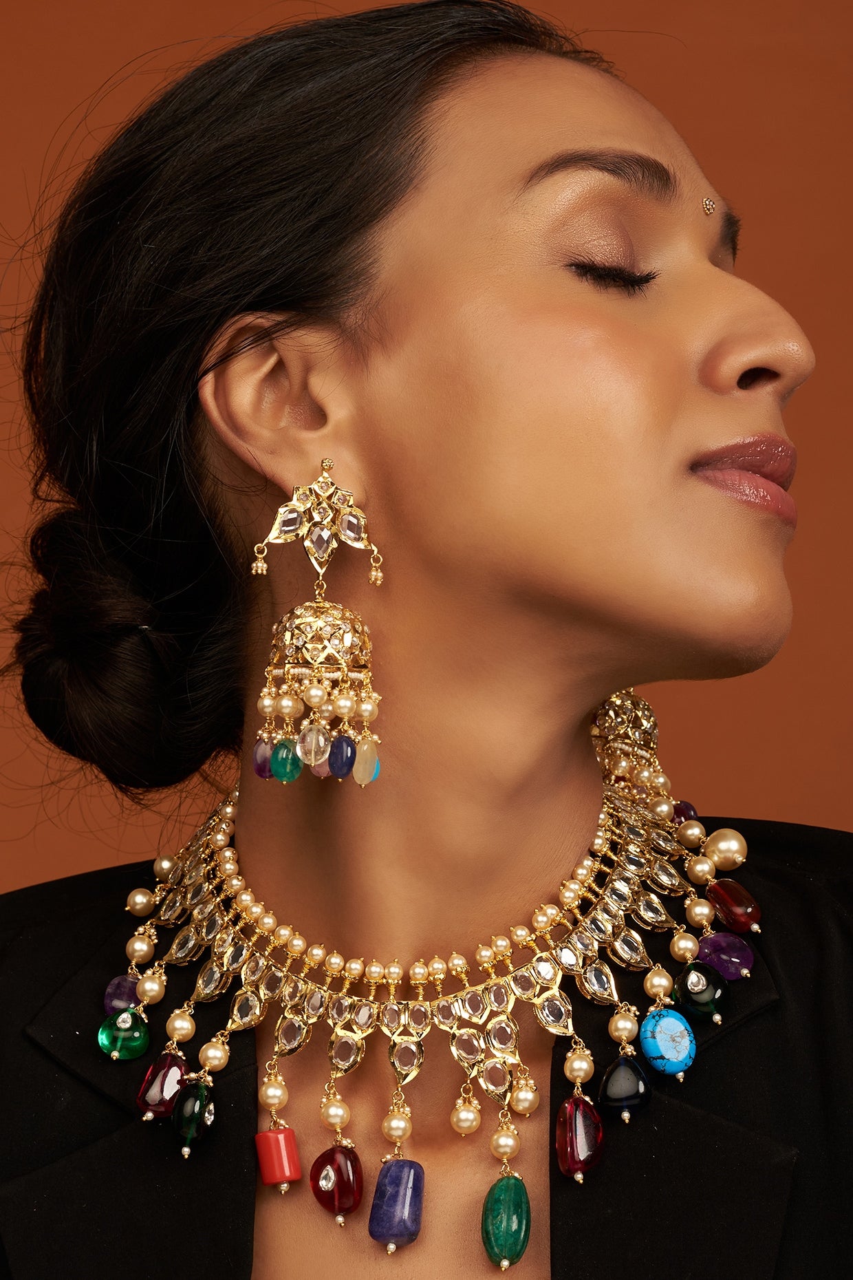 Gold Plated Navratna Stone Choker Necklace Set