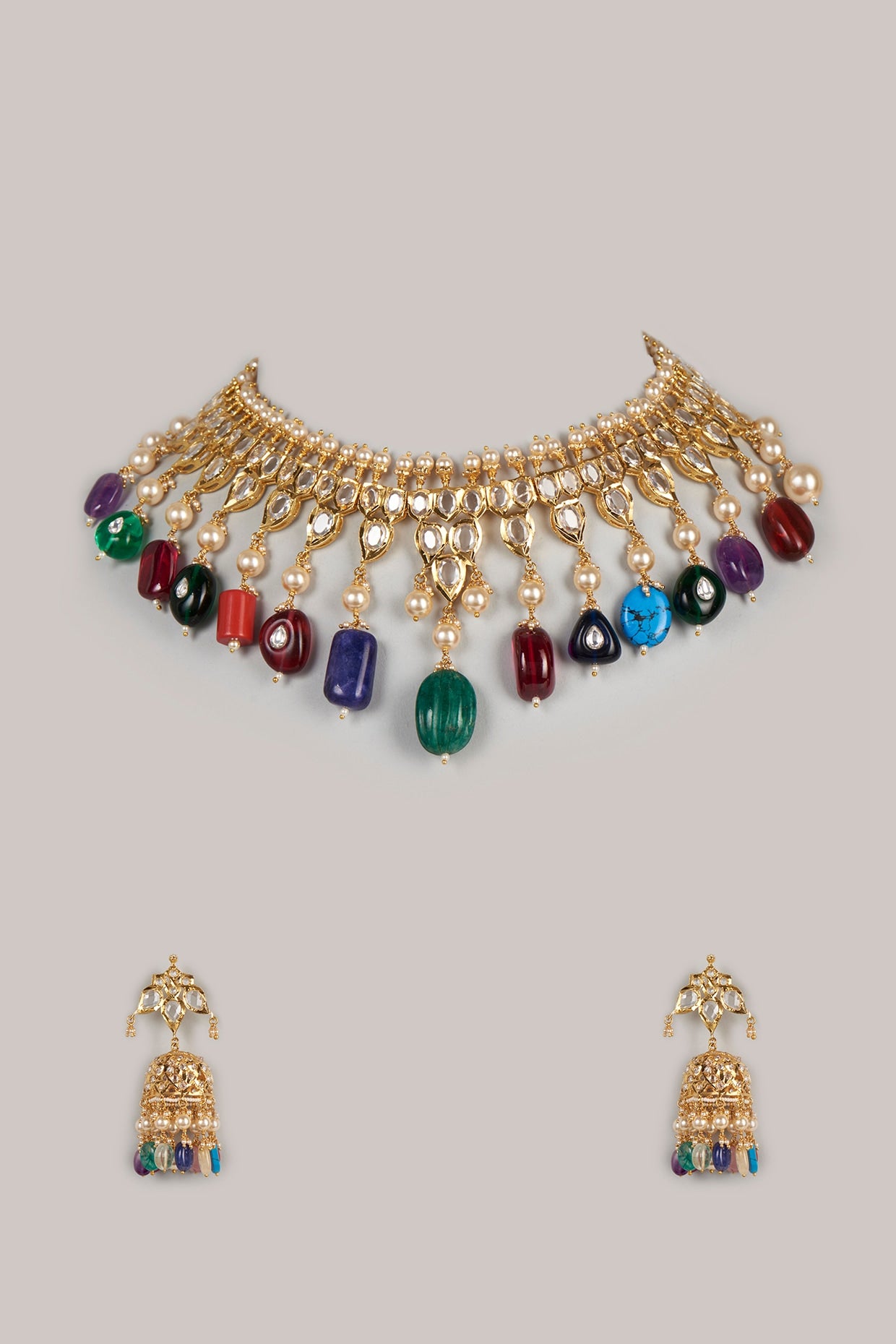 Gold Plated Navratna Stone Choker Necklace Set