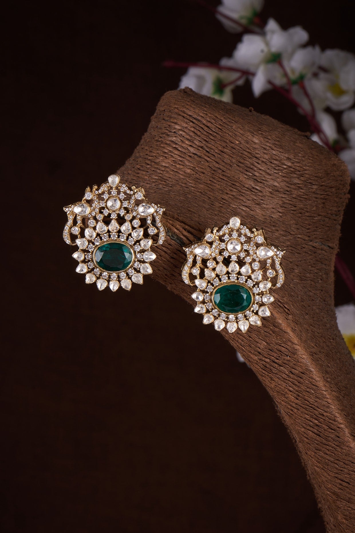 Gold Plated Moissanite Polki & Green Onyx Stud Earrings In Sterling Silver