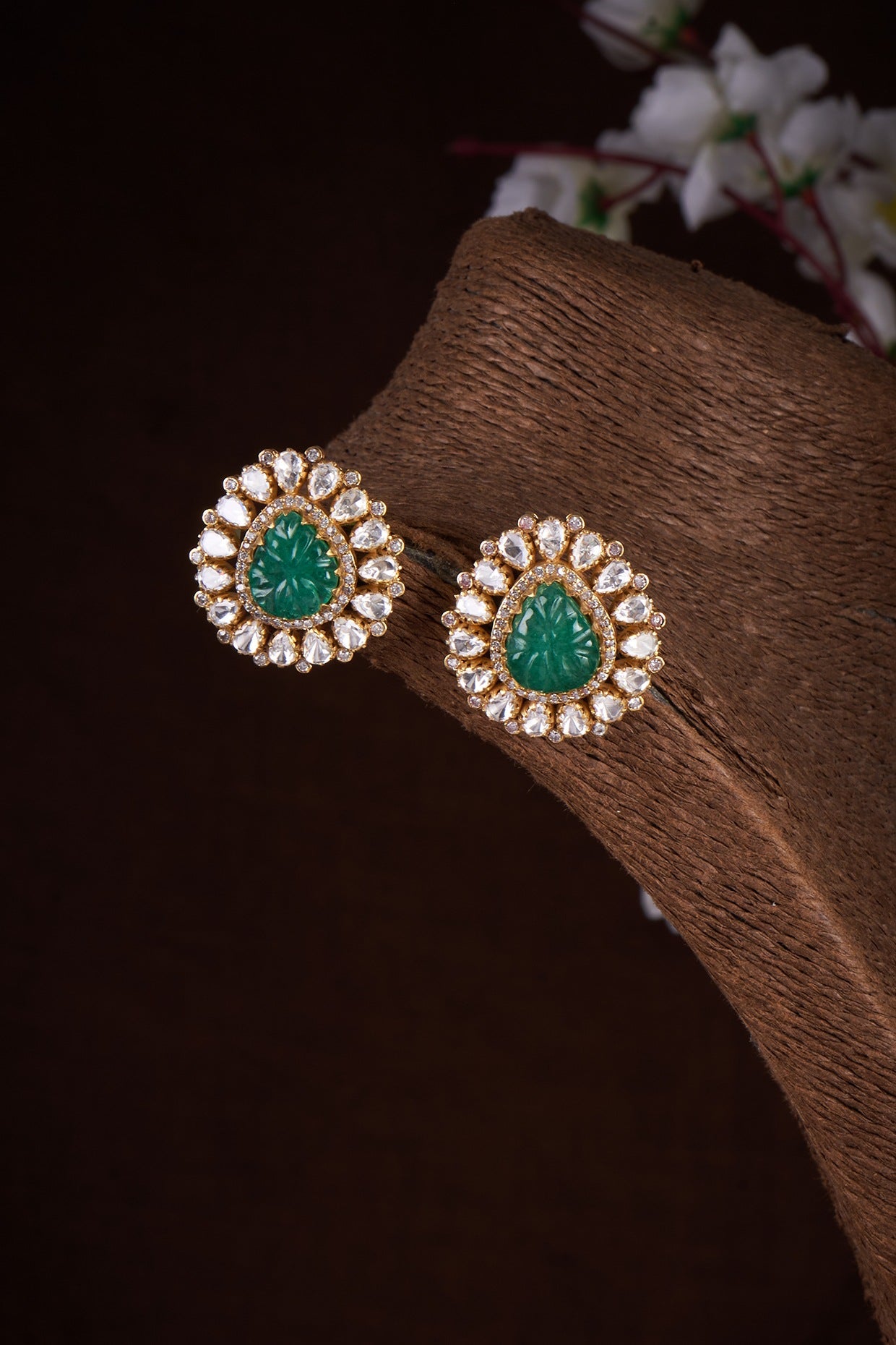 Gold Plated Moissanite Polki & Green Onyx Stud Earrings In Sterling Silver