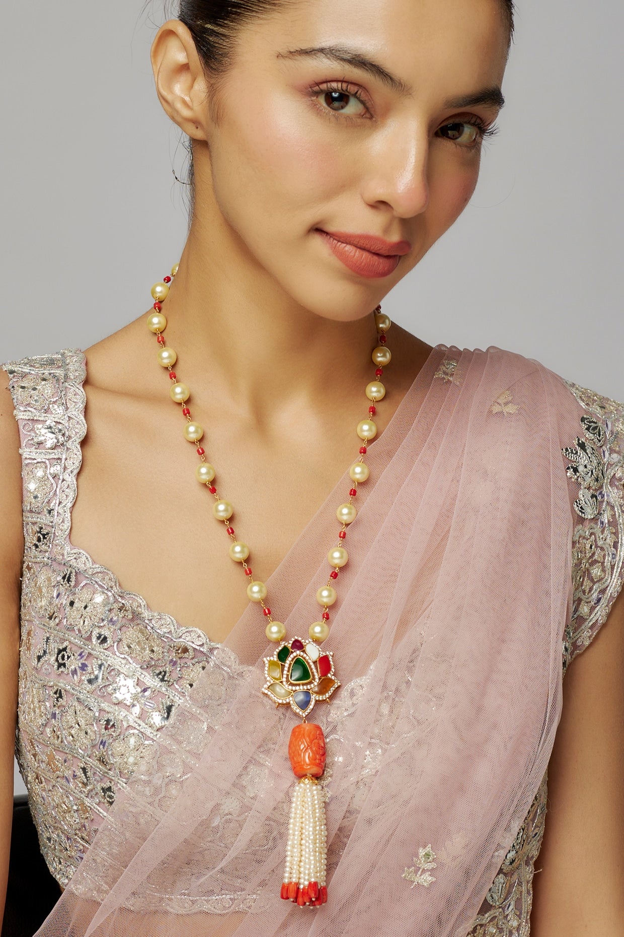 Gold Plated Moissanite Polki & Navratna Stone Long Necklace In Sterling Silver