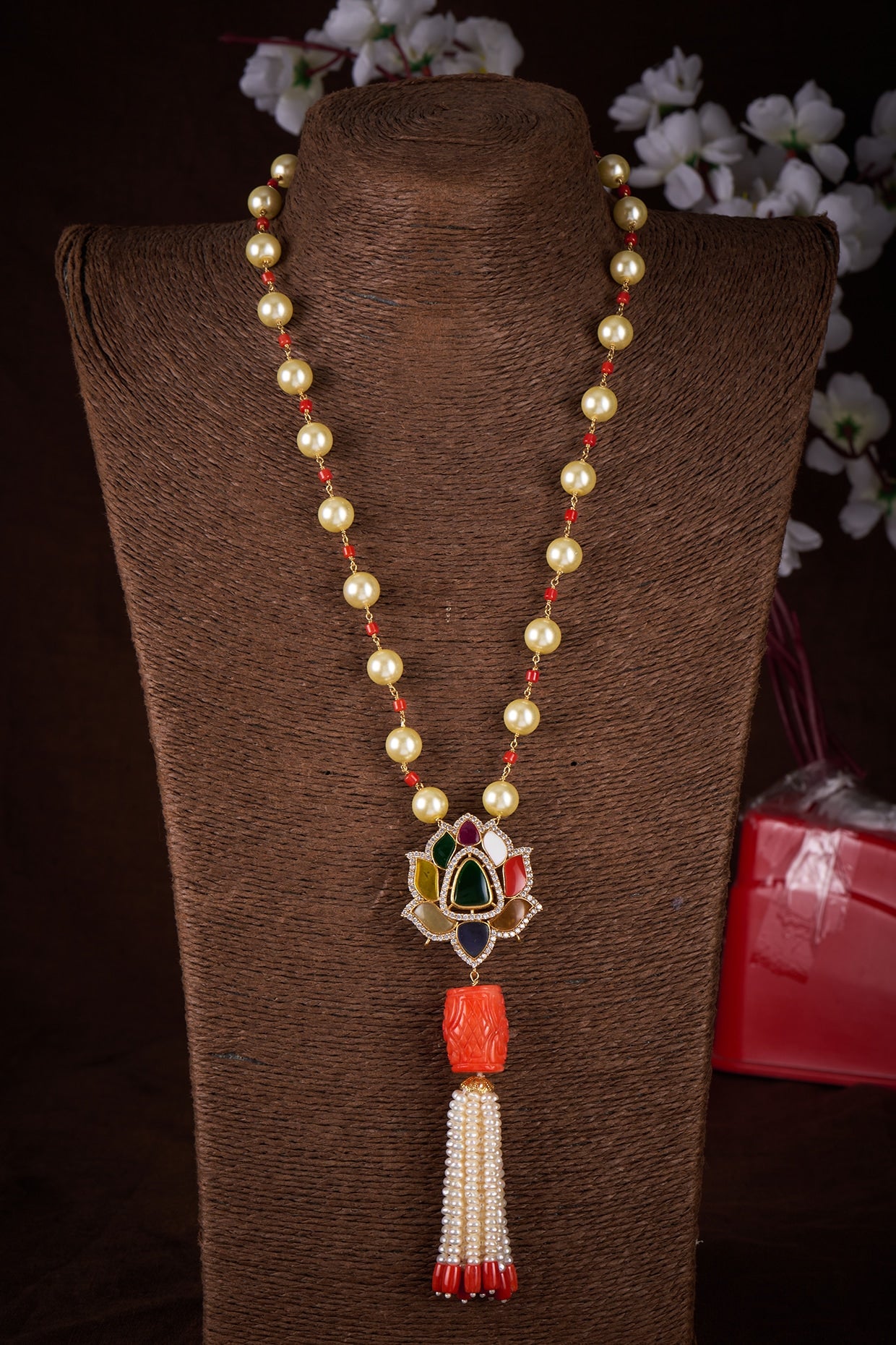 Gold Plated Moissanite Polki & Navratna Stone Long Necklace In Sterling Silver