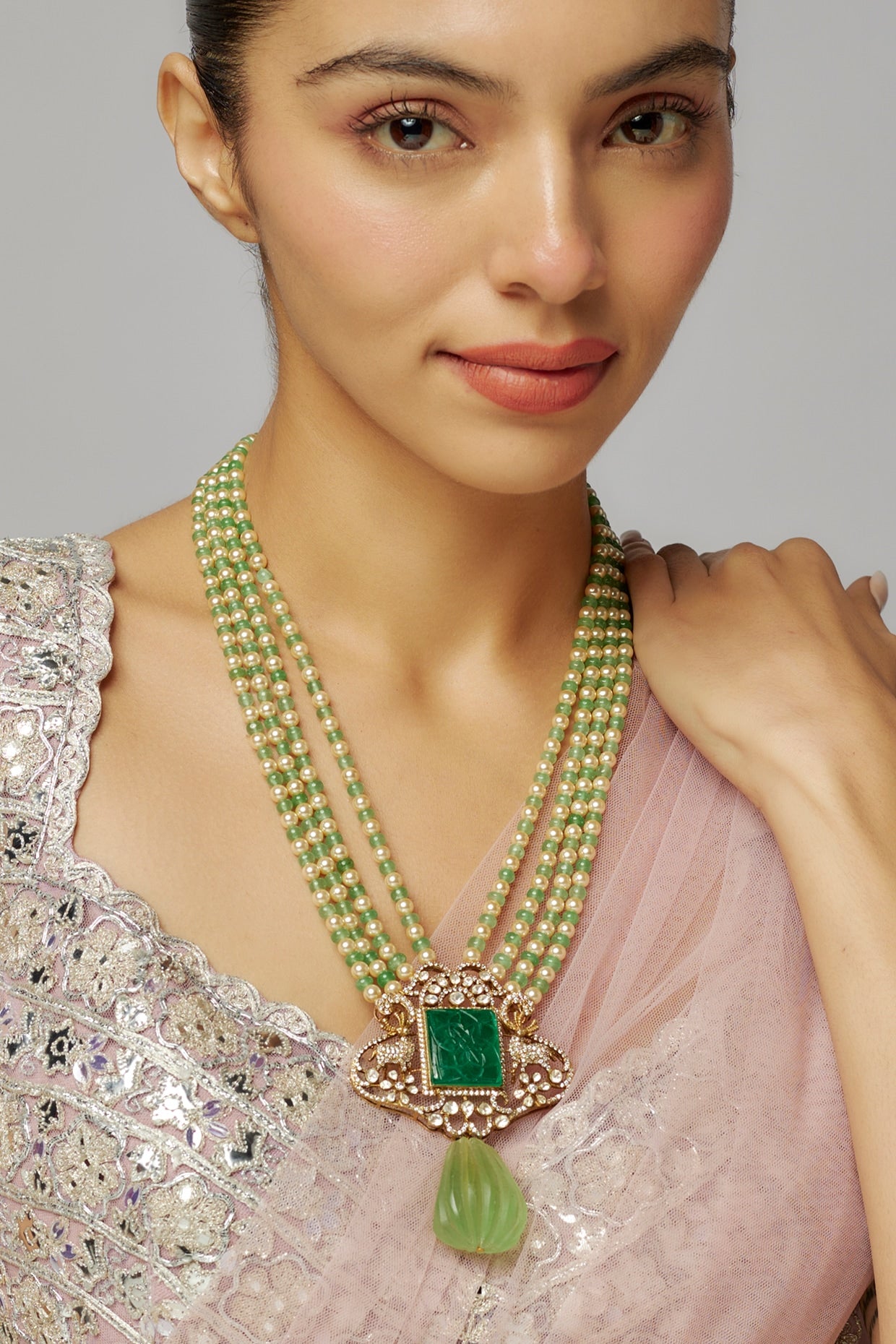 Two Tone Plated Moissanite Polki & Green Beryl Long Layered Necklace In Sterling Silver