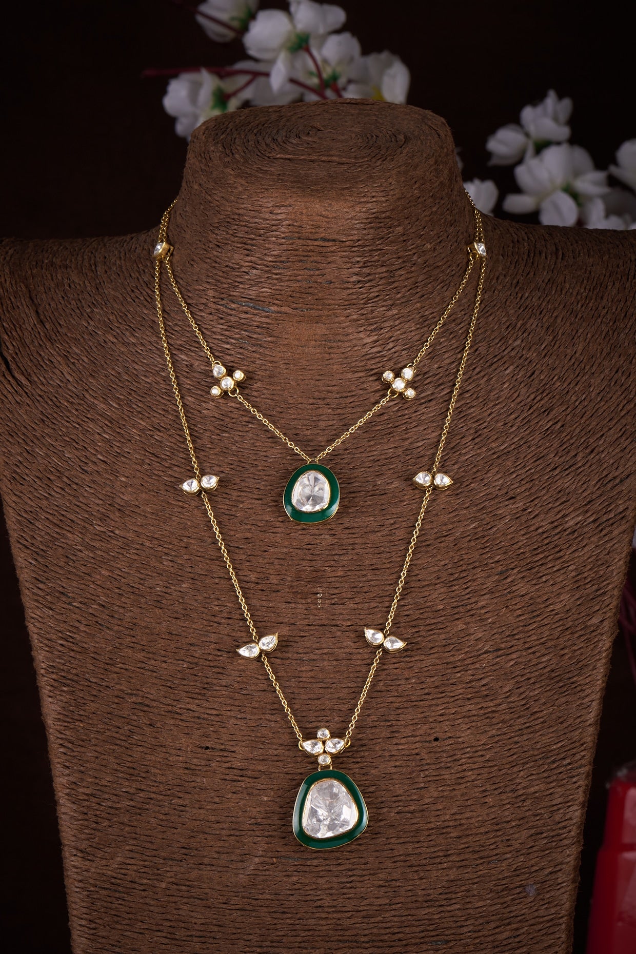 Gold Plated Moissanite Polki Green Enameled Long Necklace In Sterling Silver